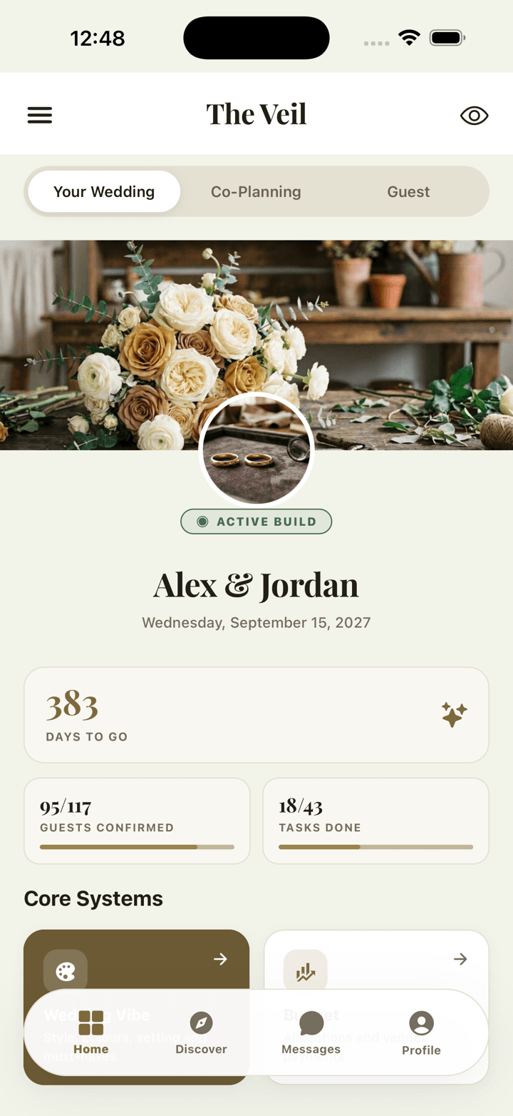 The Veil wedding home screen, showing a live countdown, guest and task progress, and the Core Systems module grid