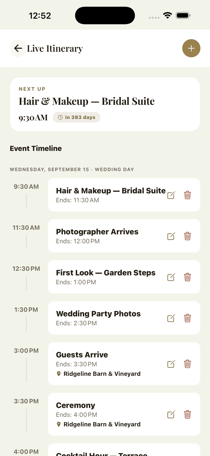 The Veil live itinerary, showing an event timeline with times, durations and edit controls