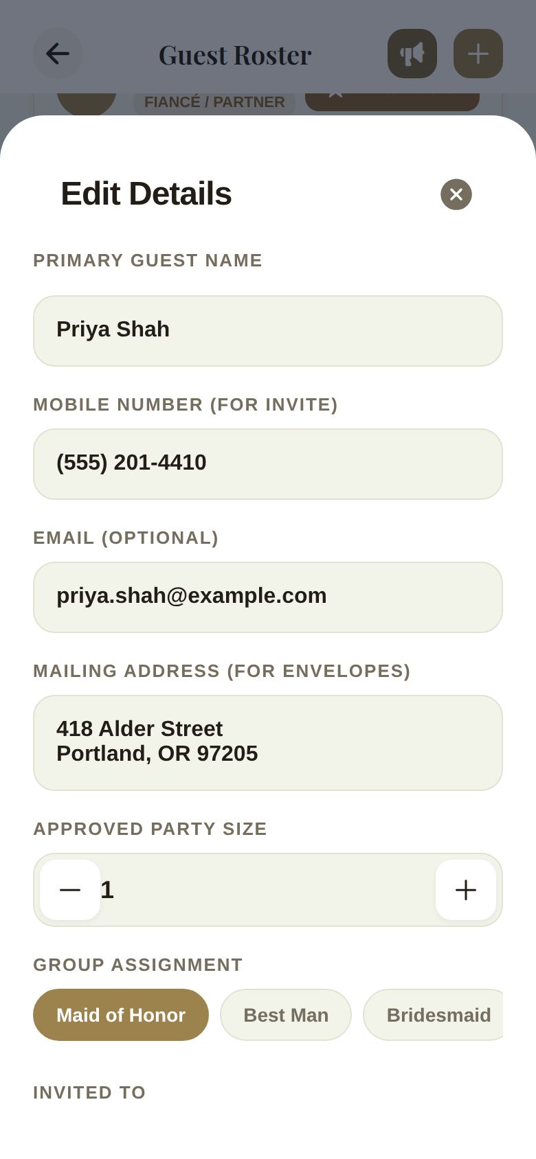 Editing a party: the same form, filled in