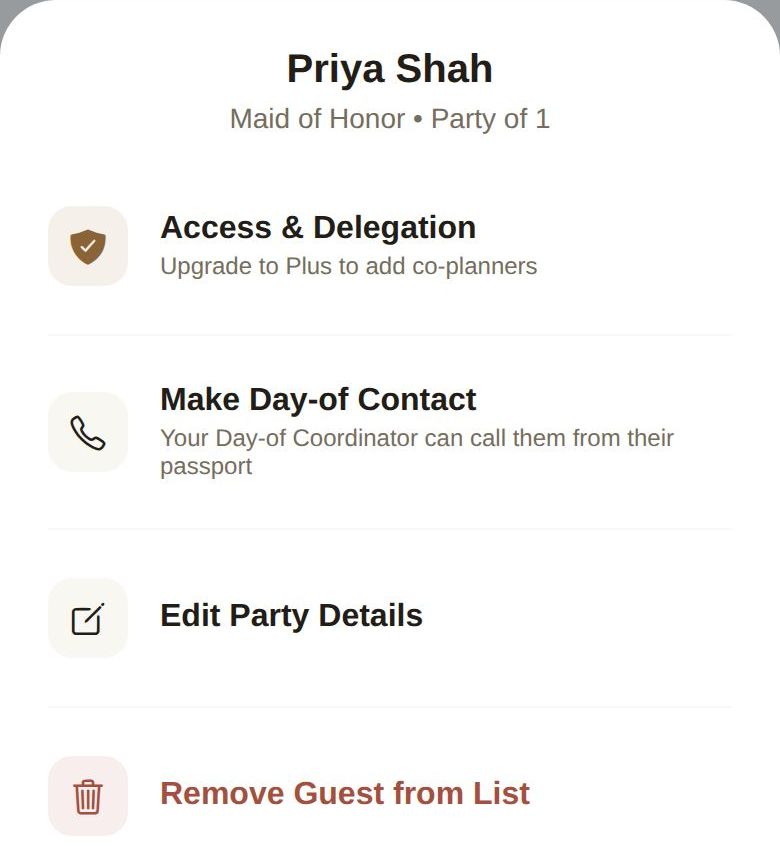 A guest's menu: access, day-of contact, edit and remove