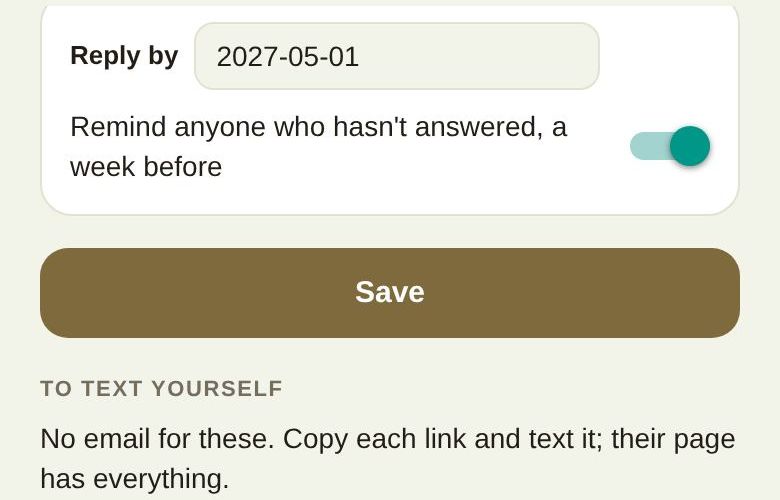 Reply by, the reminder switch, Save, and the start of the list to text yourself