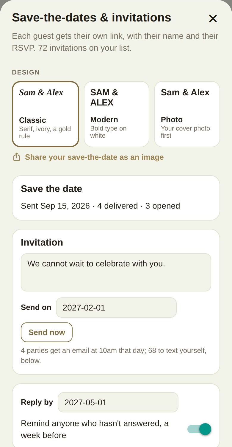 Save-the-dates and invitations: design, the save-the-date sent, the invitation scheduled