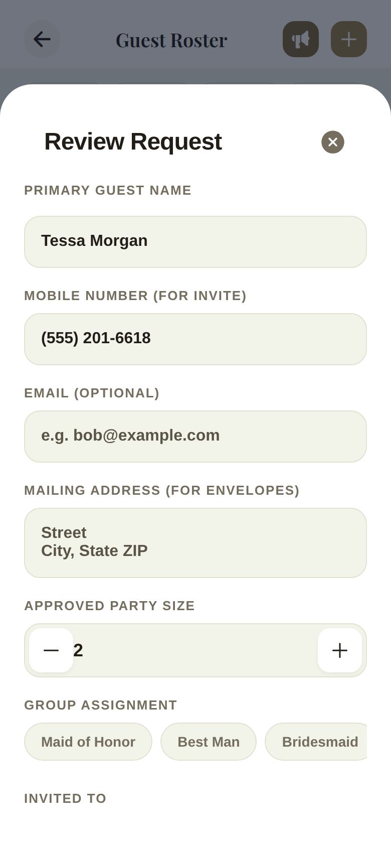 Reviewing a request: the add-a-party form, filled in from their request