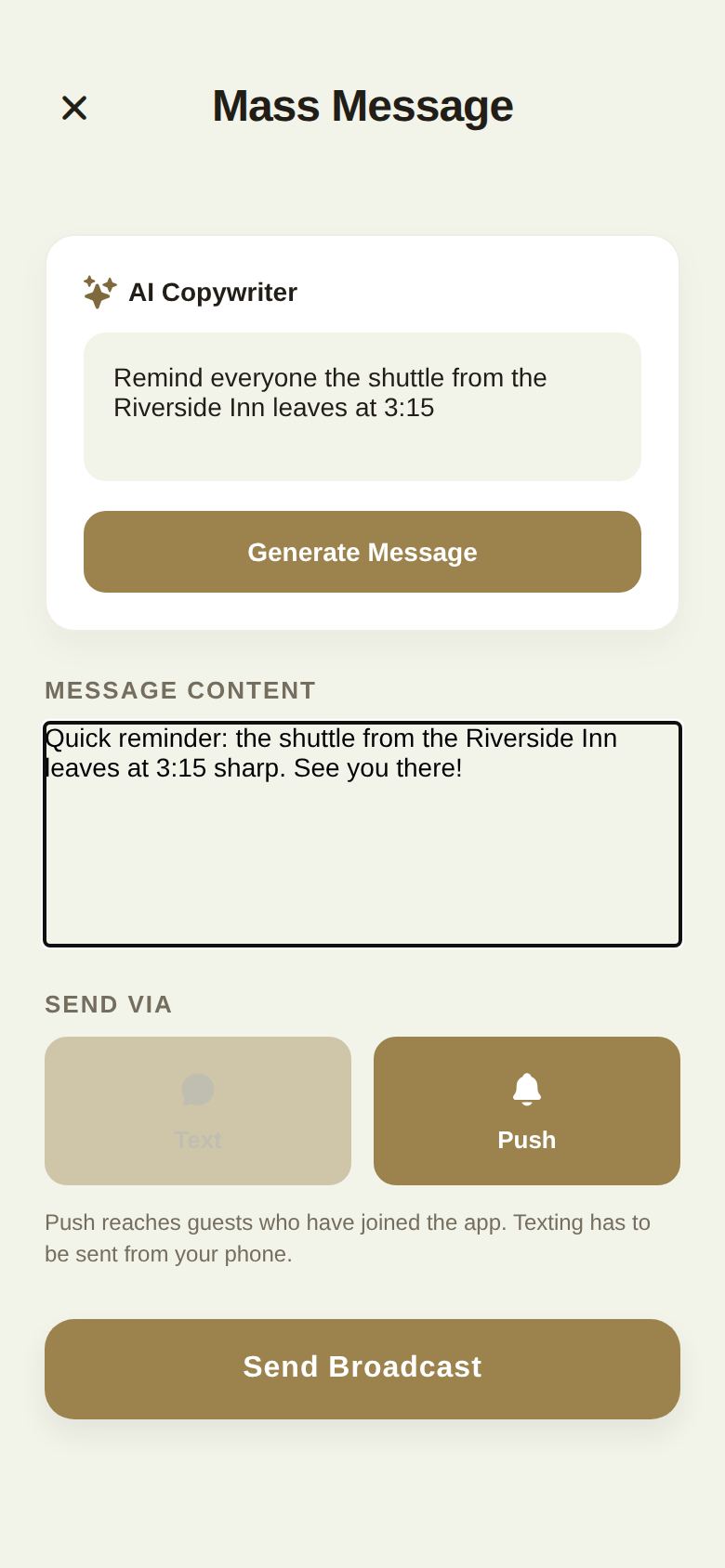 Mass Message, with the AI Copywriter and the channels