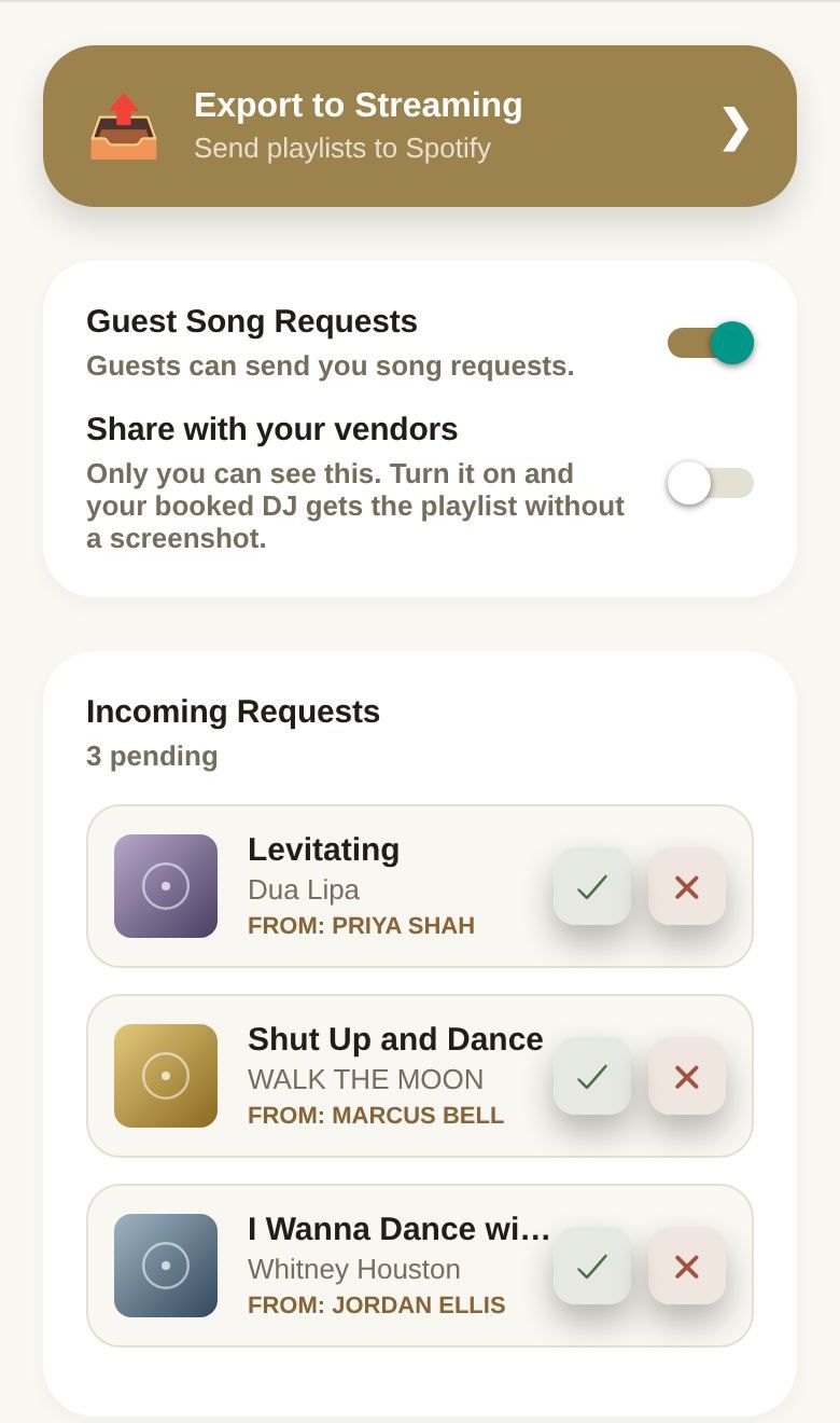 Soundtrack: export, guest requests, sharing and incoming requests