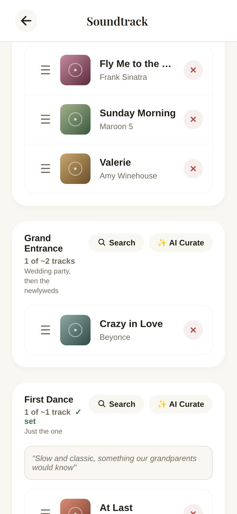 Sections with their targets, a guidance note, and the songs in them