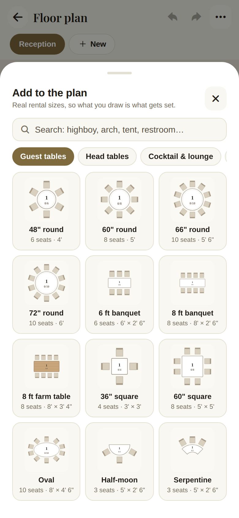 Add to the plan: real rental sizes, with seats and footprint on every tile
