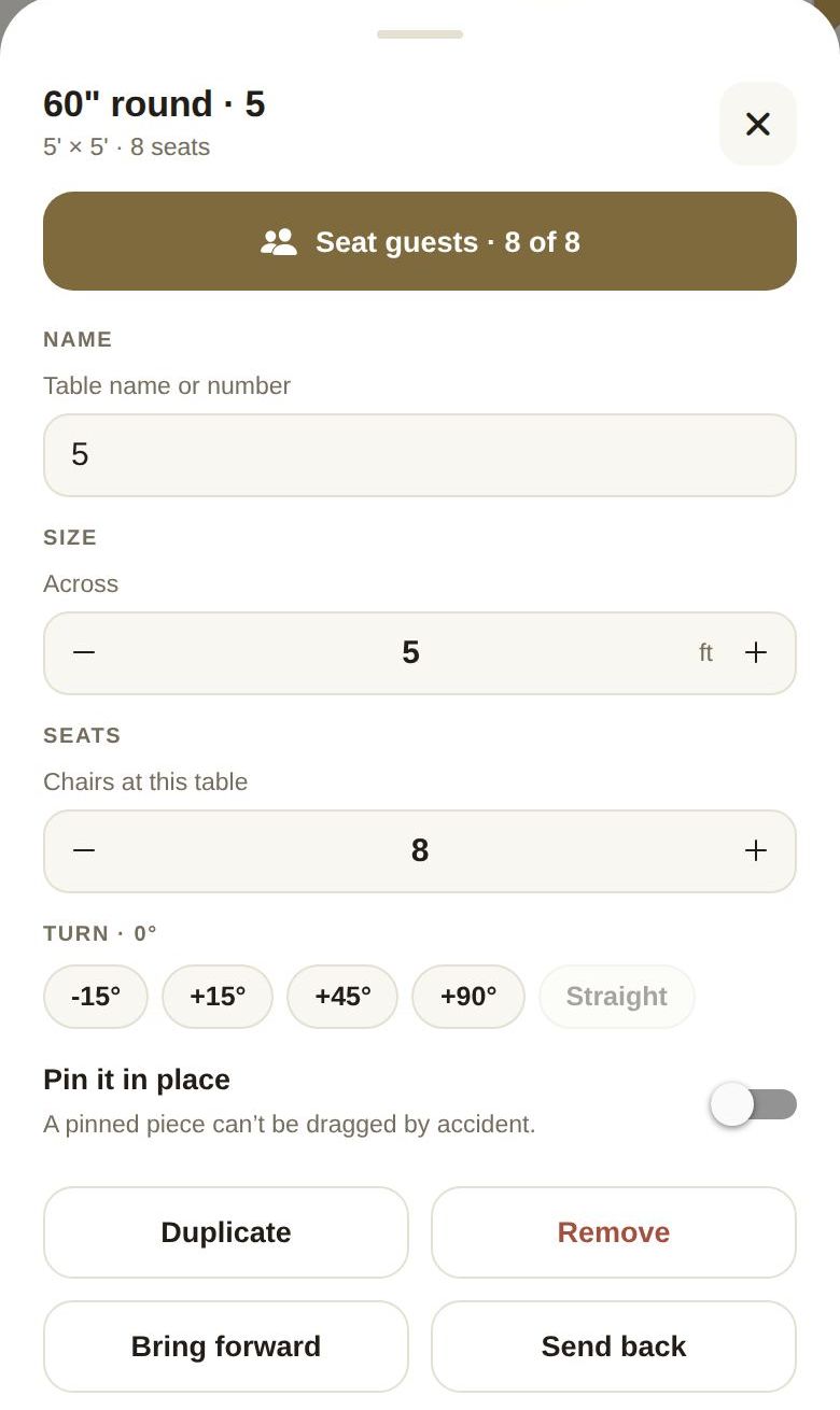 Details for a table: name, size, seats, turn and pin