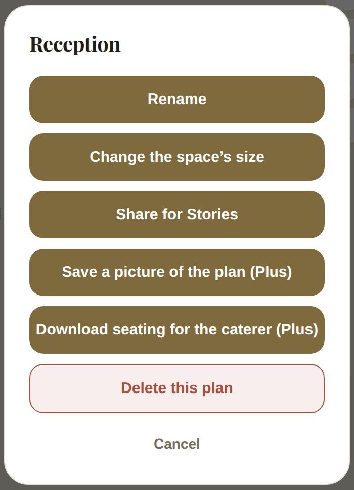 The plan's options: rename, size, Stories, picture and spreadsheet