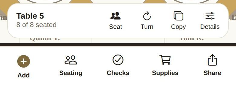 A selected table and its actions: Seat, Turn, Copy and Details