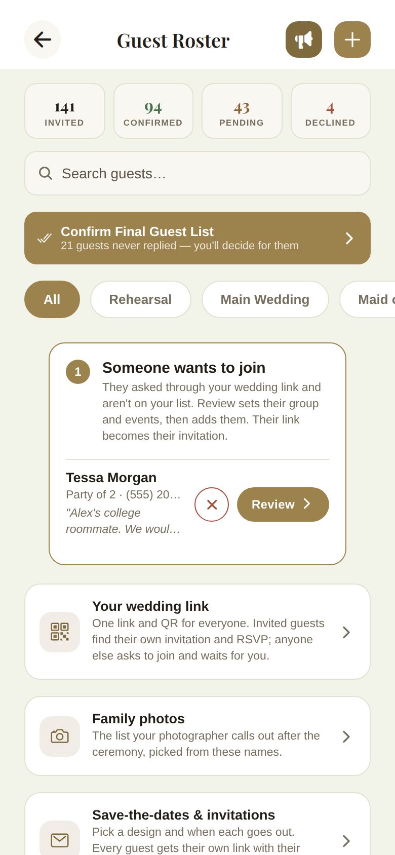 The Guest Roster, with the head counts, search, the final-list button and the filters