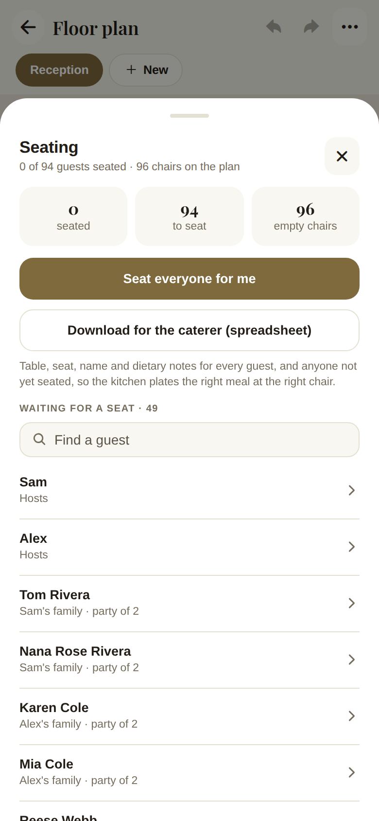 Seating: the counts, Seat everyone for me, and the guests waiting for a seat