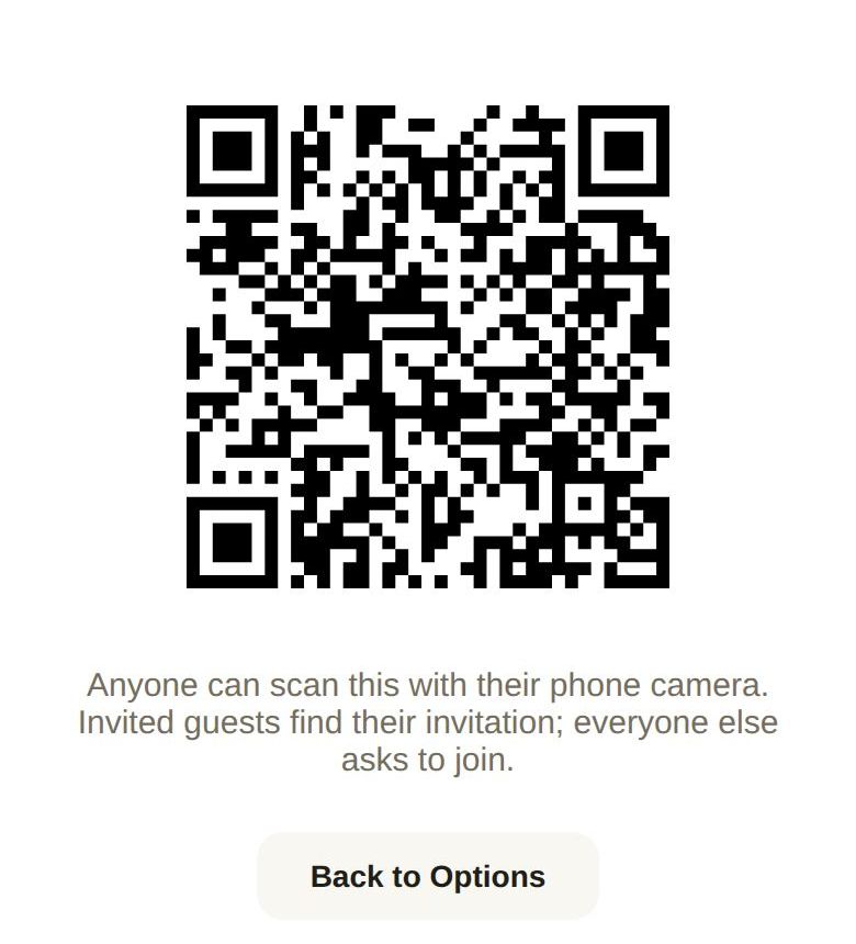 The wedding link's QR code, drawn black on white so any phone camera can read it