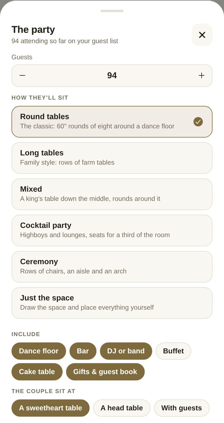 The party: guests, how they'll sit, and what to include