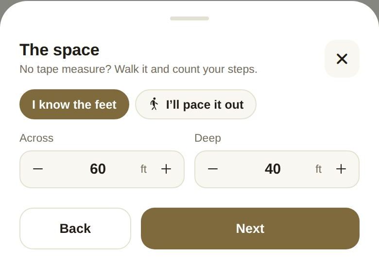 The space: size in feet, or paced out