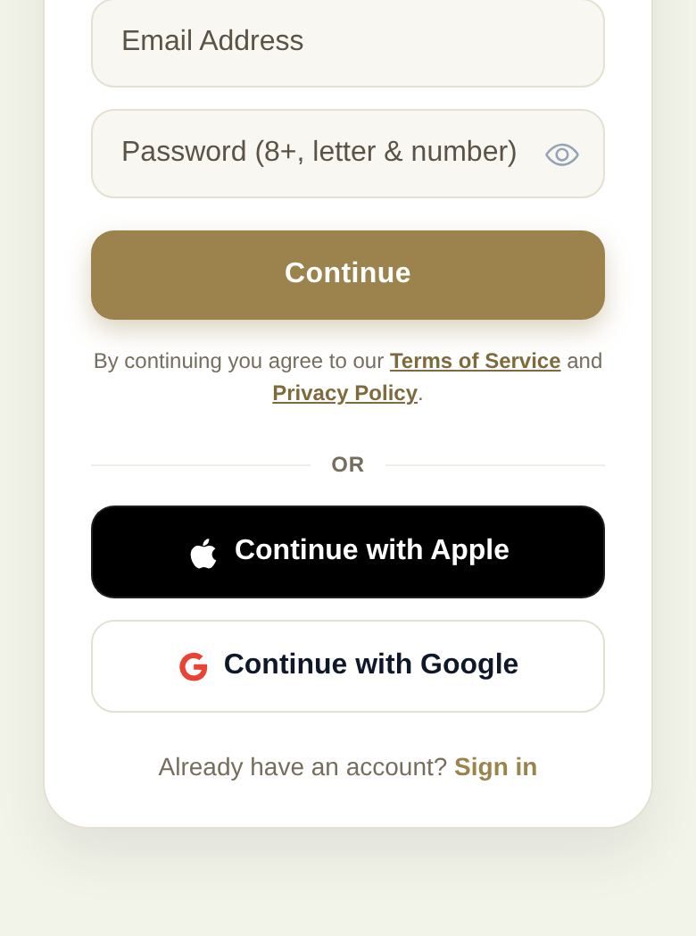 The sign-up form with email, password, and the Apple and Google buttons