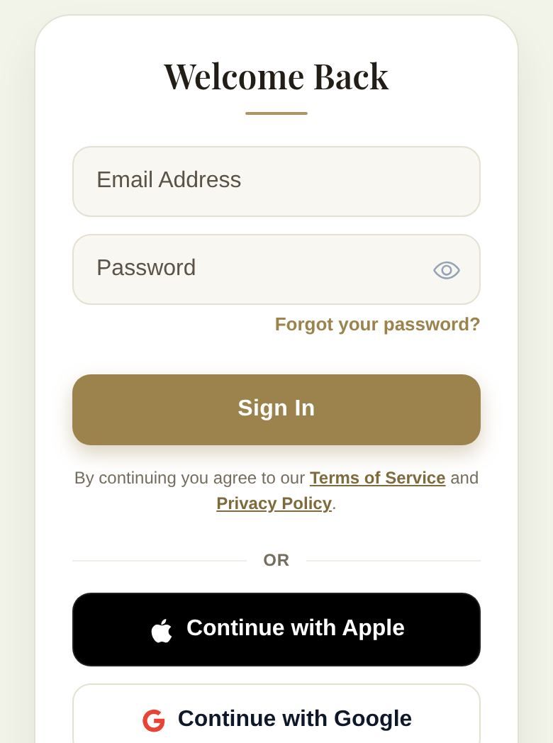 Welcome Back: sign in with email, Apple or Google