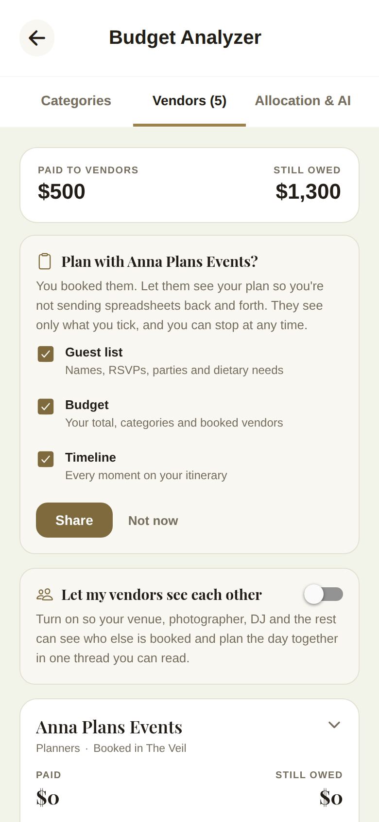 The Vendors tab: paid, still owed, and your booked vendors
