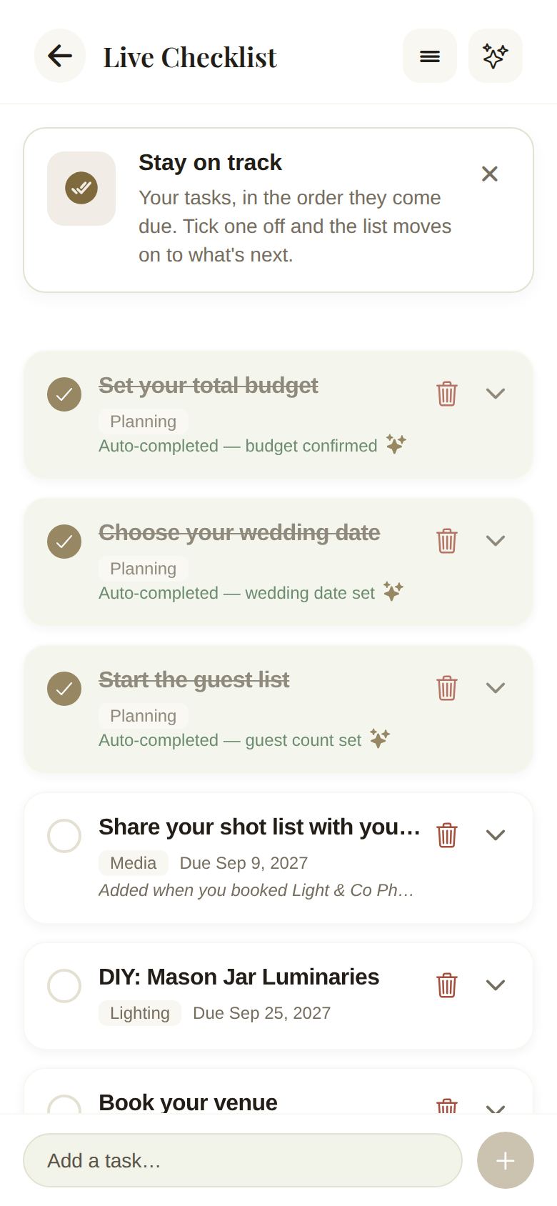 The checklist, with auto-completed tasks at the top