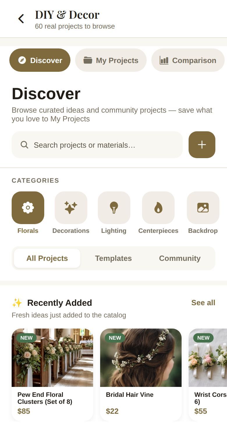 Discover: search, categories, and the project sections