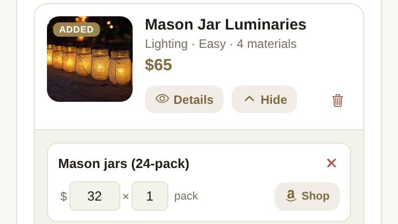 A project's materials, with price, quantity and Shop