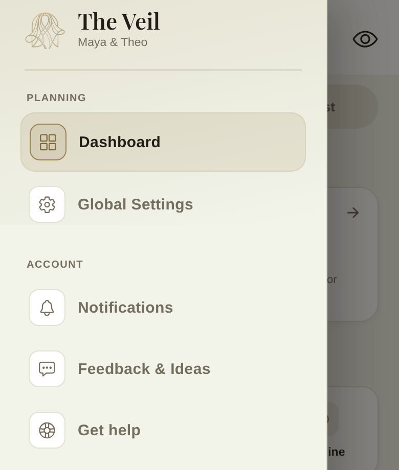 The menu: Dashboard, Global Settings, Notifications, Feedback & Ideas, Get help and Sign Out
