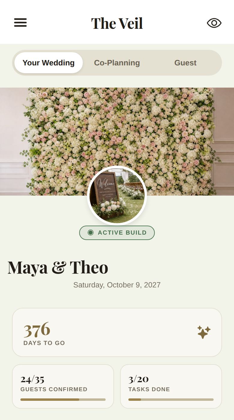 The top of the dashboard: banner, wedding photo, names, date and countdown