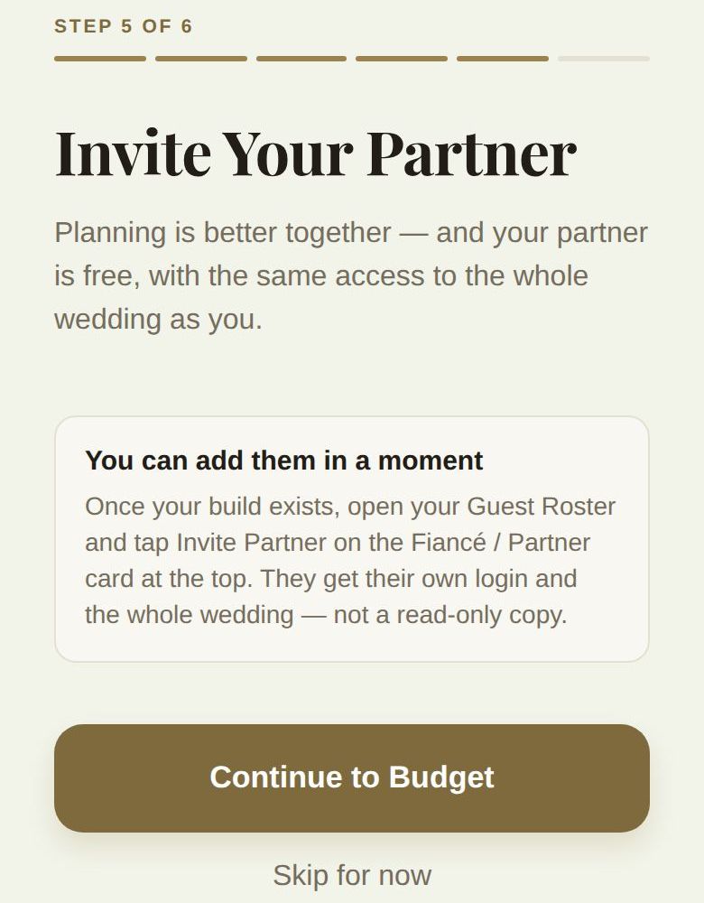 Invite Your Partner: you'll add them from your guest list once the wedding exists