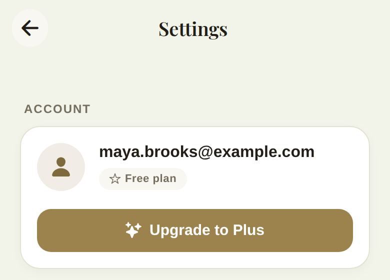 Settings on the free plan, with Upgrade to Plus