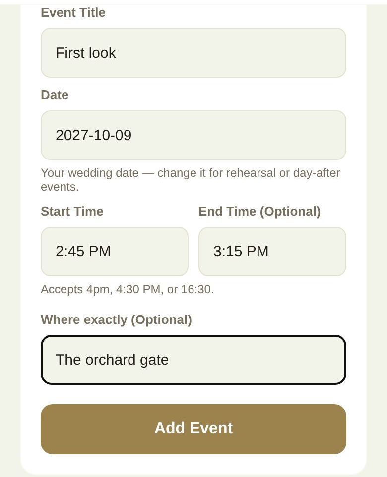 Add Event Block: title, date, times and where