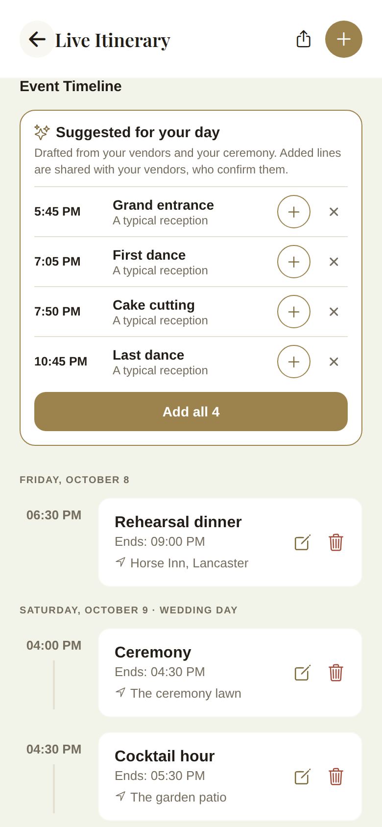 The schedule grouped by day, with Suggested for your day above it