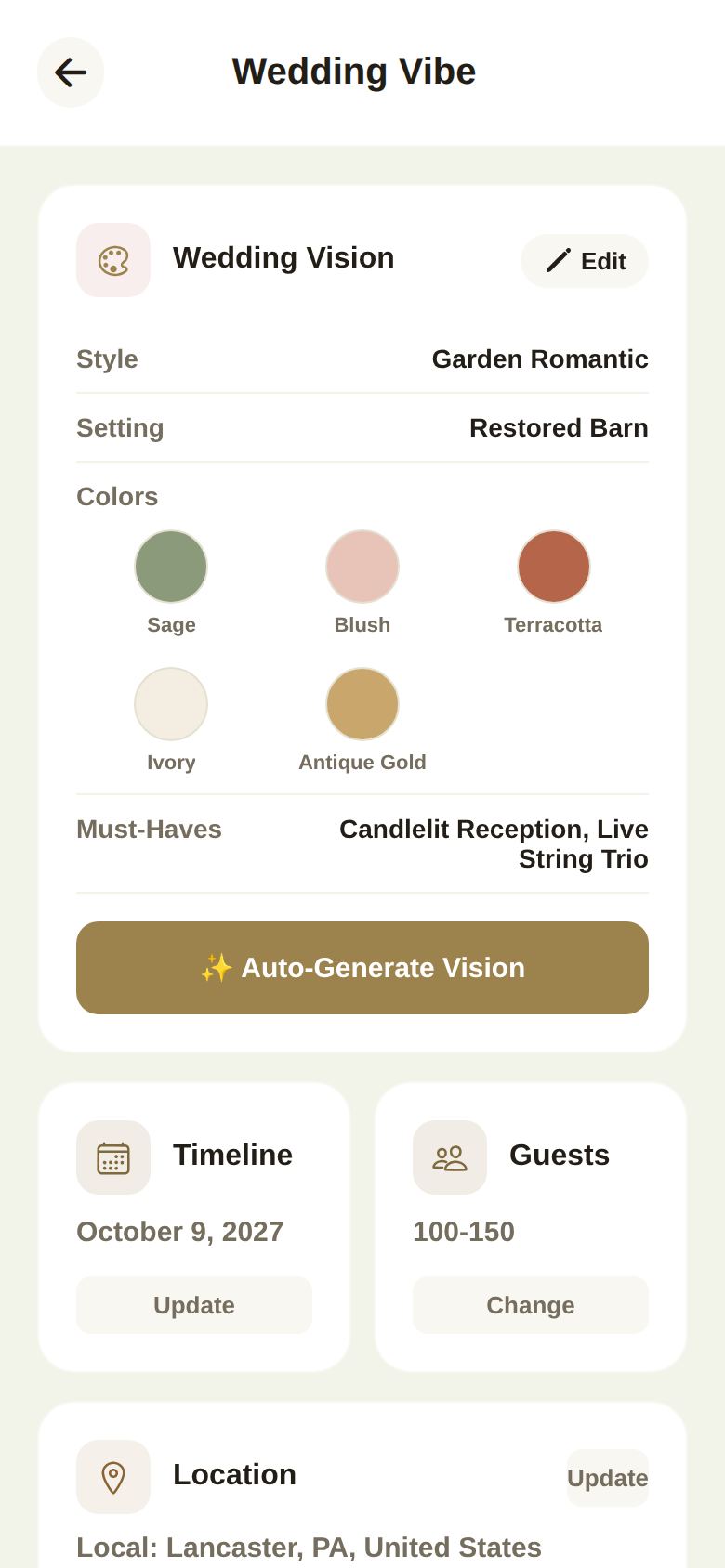 Wedding Vibe: your vision, the date, the guest estimate and the location