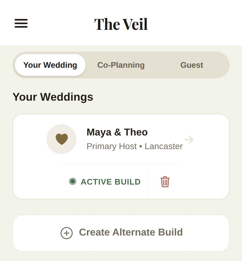 Your Weddings, with the active build and Create Alternate Build