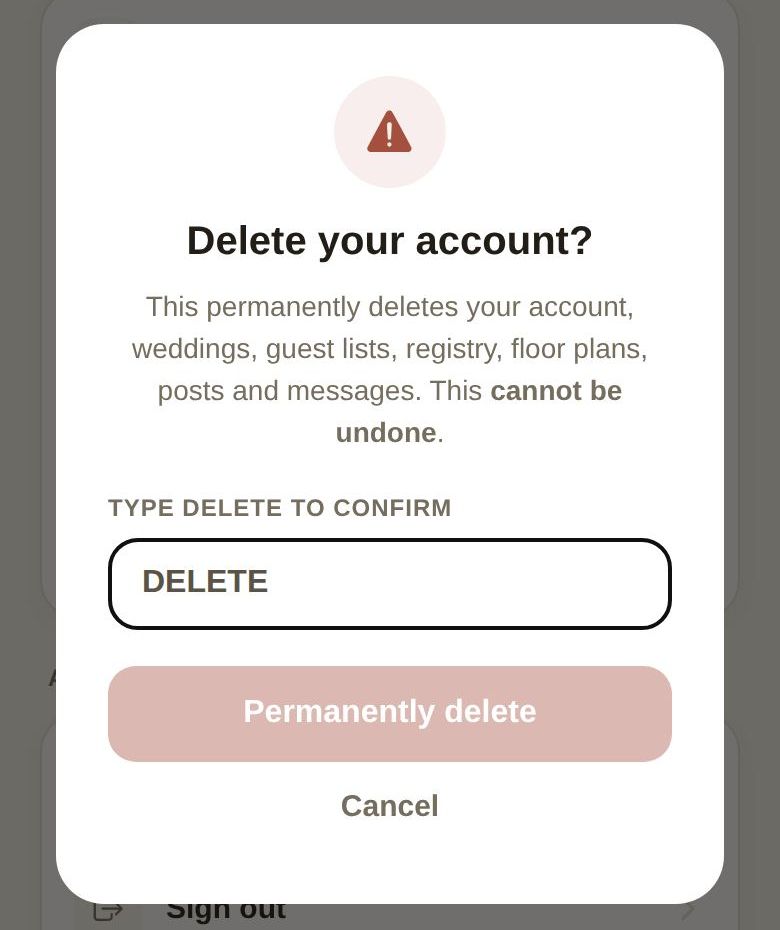 Confirming account deletion