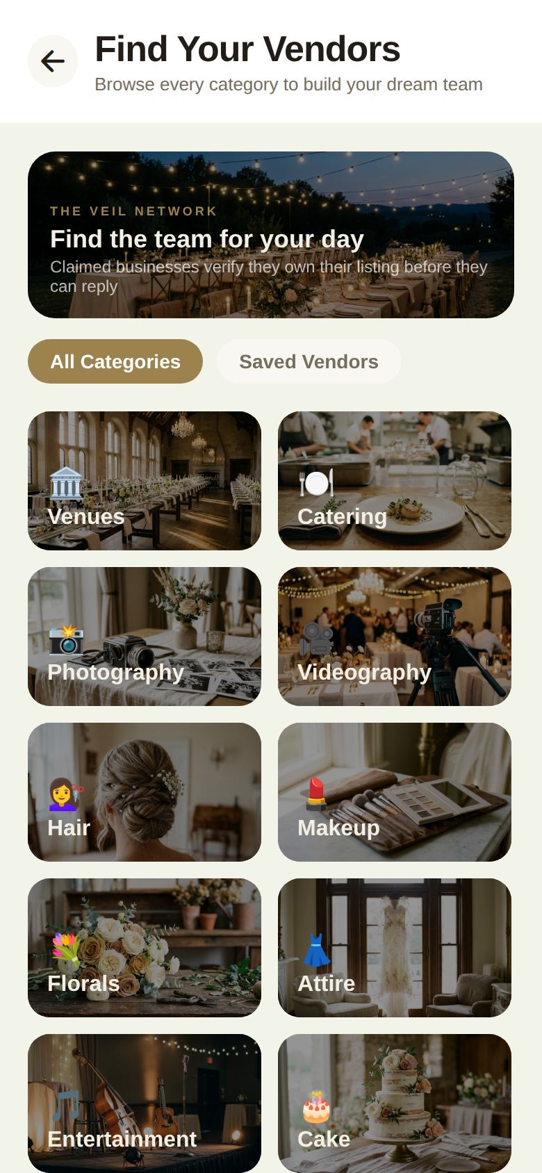 Find Your Vendors: every category, and your saved vendors