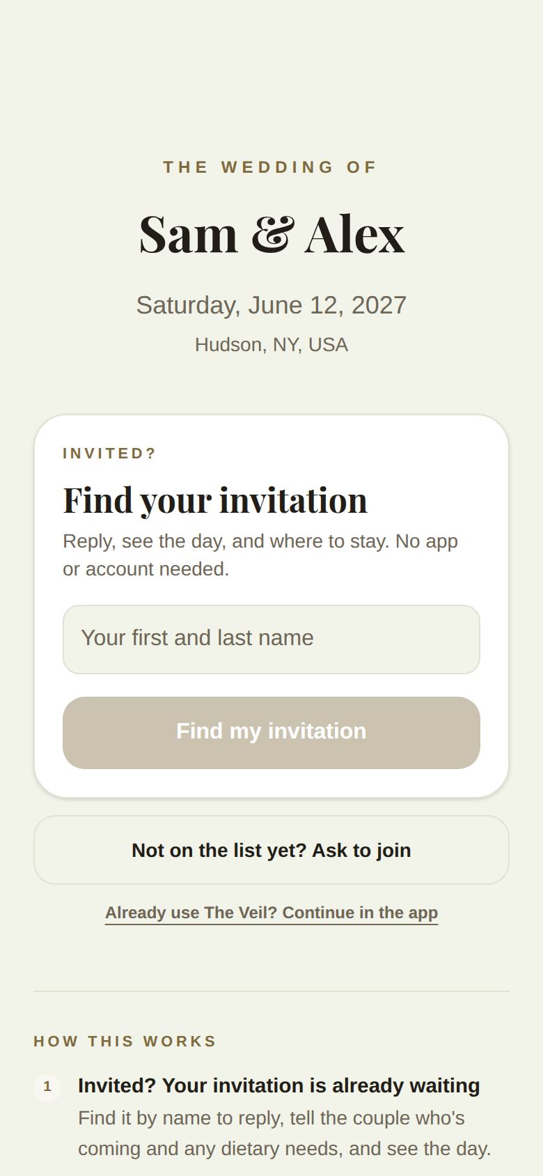 The wedding link: Find your invitation, Not on the list yet? Ask to join, and how it works
