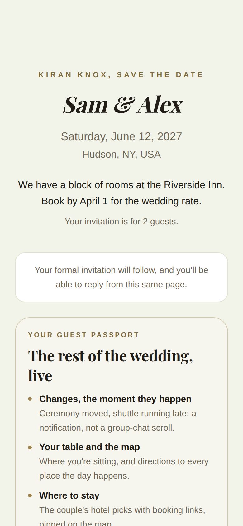 A save-the-date page: the couple's names, the date and place, their note and how many guests the invitation is for