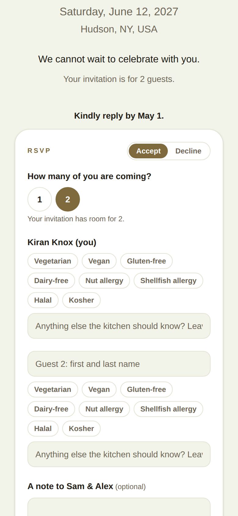After Joyfully accept: how many of you are coming, each person's dietary needs, and a note to the couple
