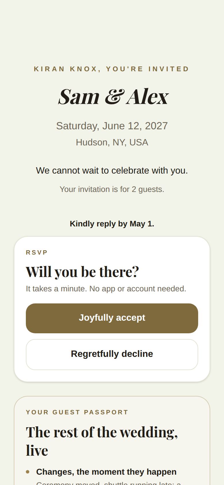 The invitation with Will you be there?, Joyfully accept and Regretfully decline