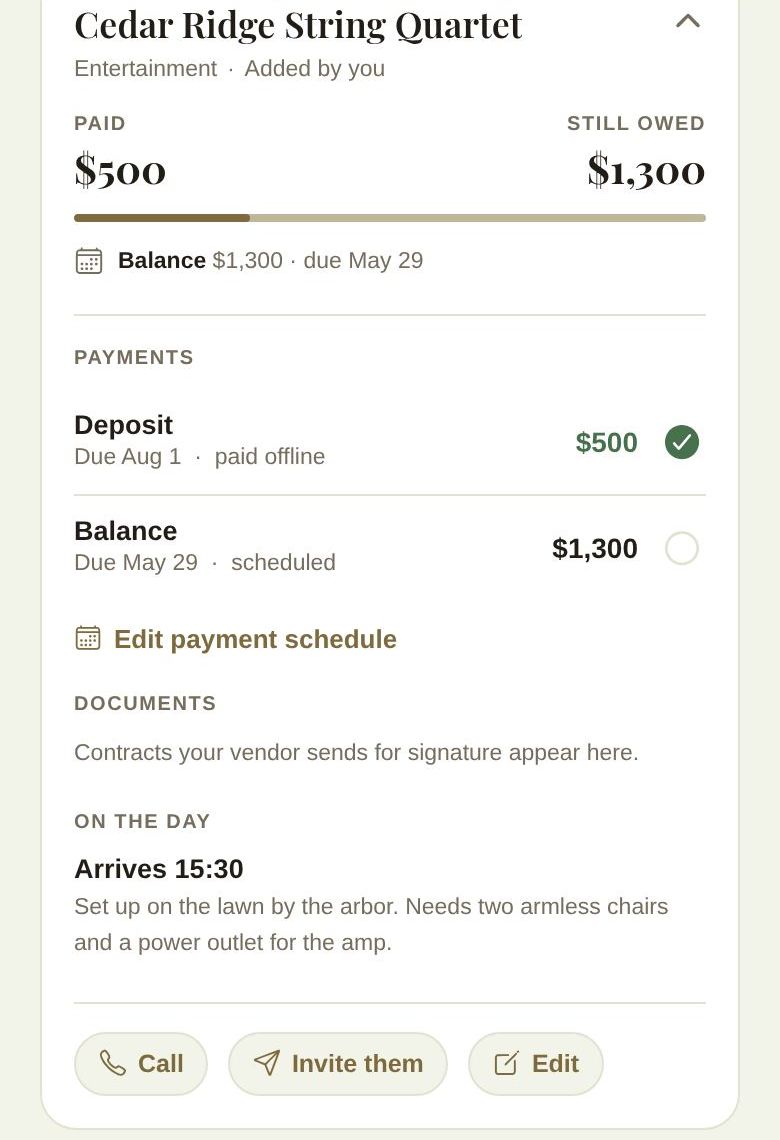 A vendor's card opened: payments, documents and day-of details