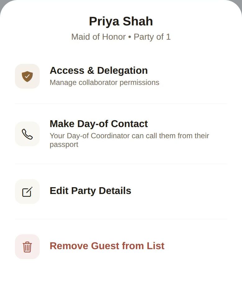 The menu on a guest's row, with Access & Delegation