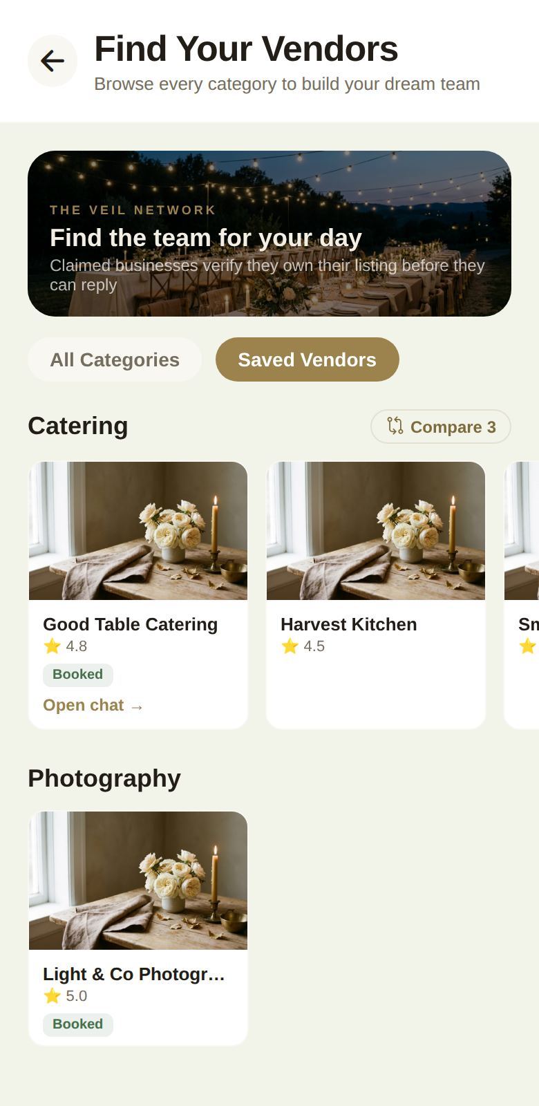 Saved Vendors, grouped by category, with Compare and each vendor's status