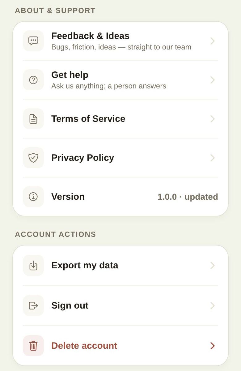 Account actions at the bottom of Settings