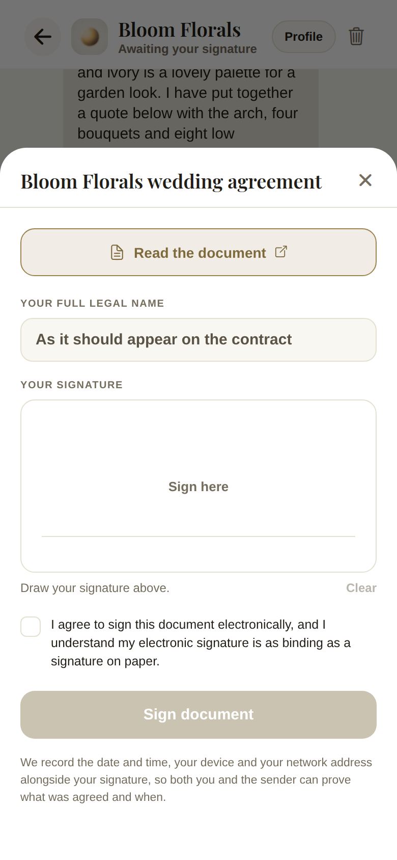 The signing sheet before you start