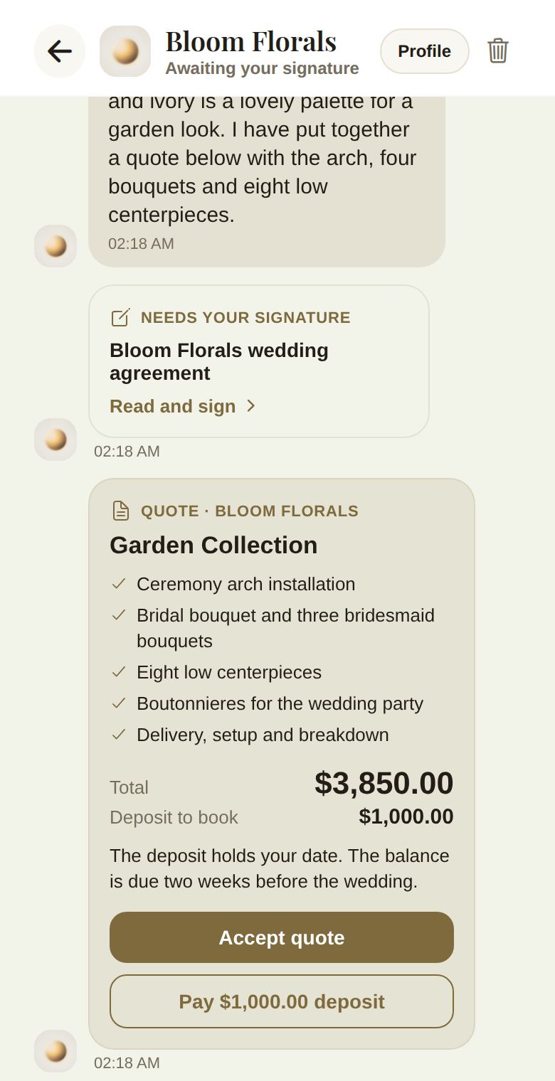 A vendor thread with a contract to sign and a quote