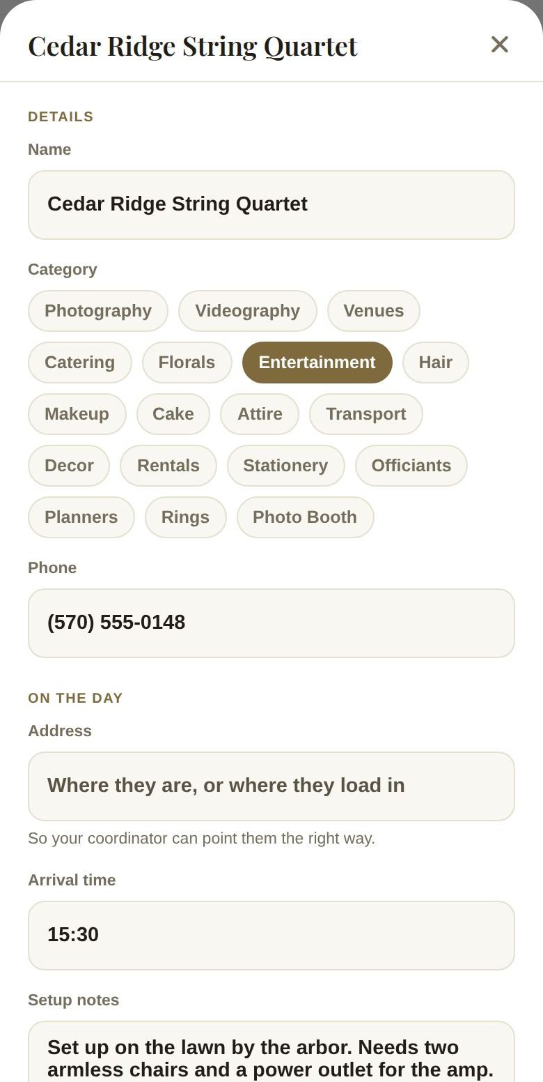 Editing a vendor's details, day-of information and payments