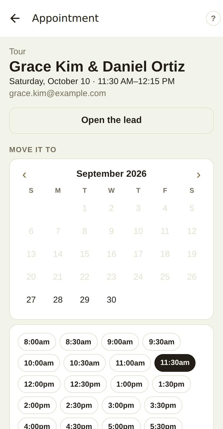 Moving the appointment on the phone: a month to pick from and times every half hour