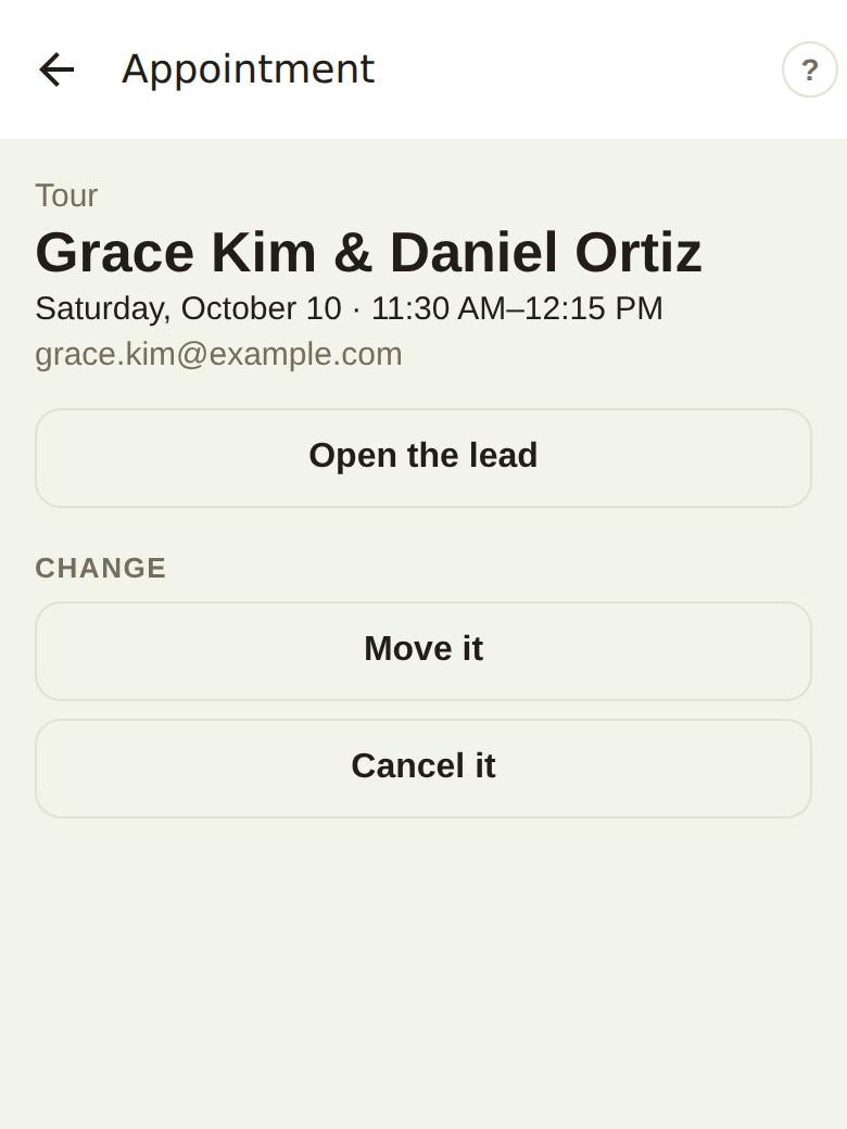 The appointment on the phone: Open the lead, Move it and Cancel it