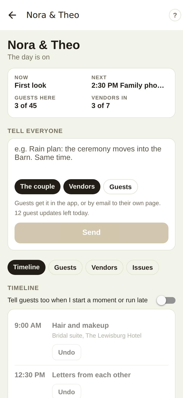 Run the day on a phone: now, next, guests and vendors, and Tell everyone