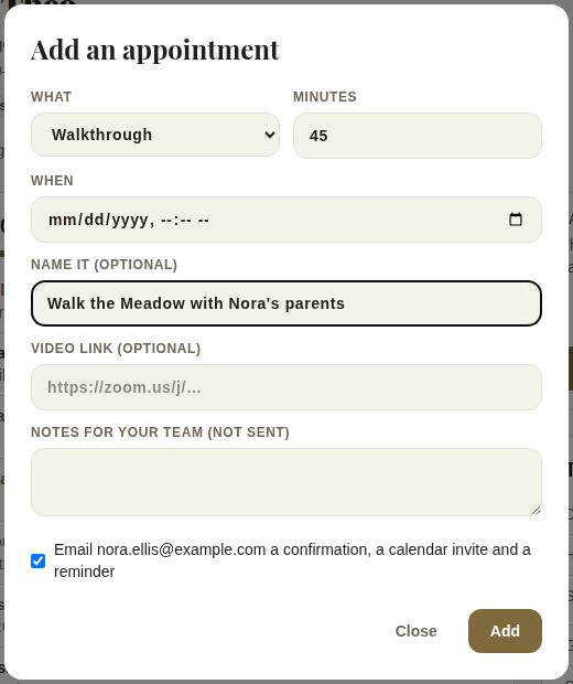 Add an appointment on a booked lead: kind, minutes, when, a name, video link, notes and the email option
